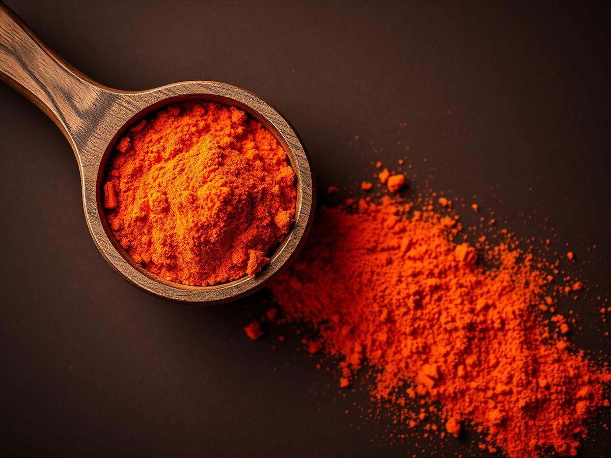 A wooden spoon of red masala on a dark surface